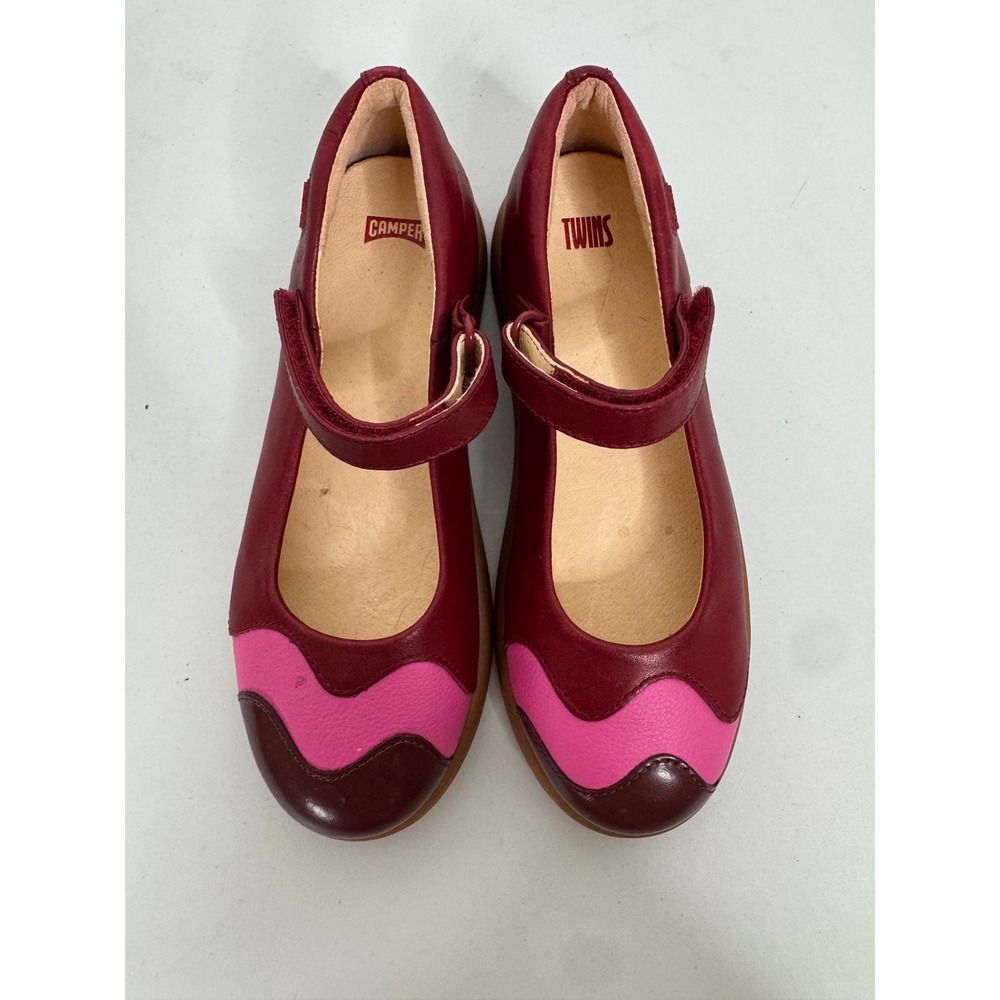 Camper Twins Kids Burgundy‎ Pink Leather Mary Jane Flats Shoes Size 33 - Picture 2 of 7
